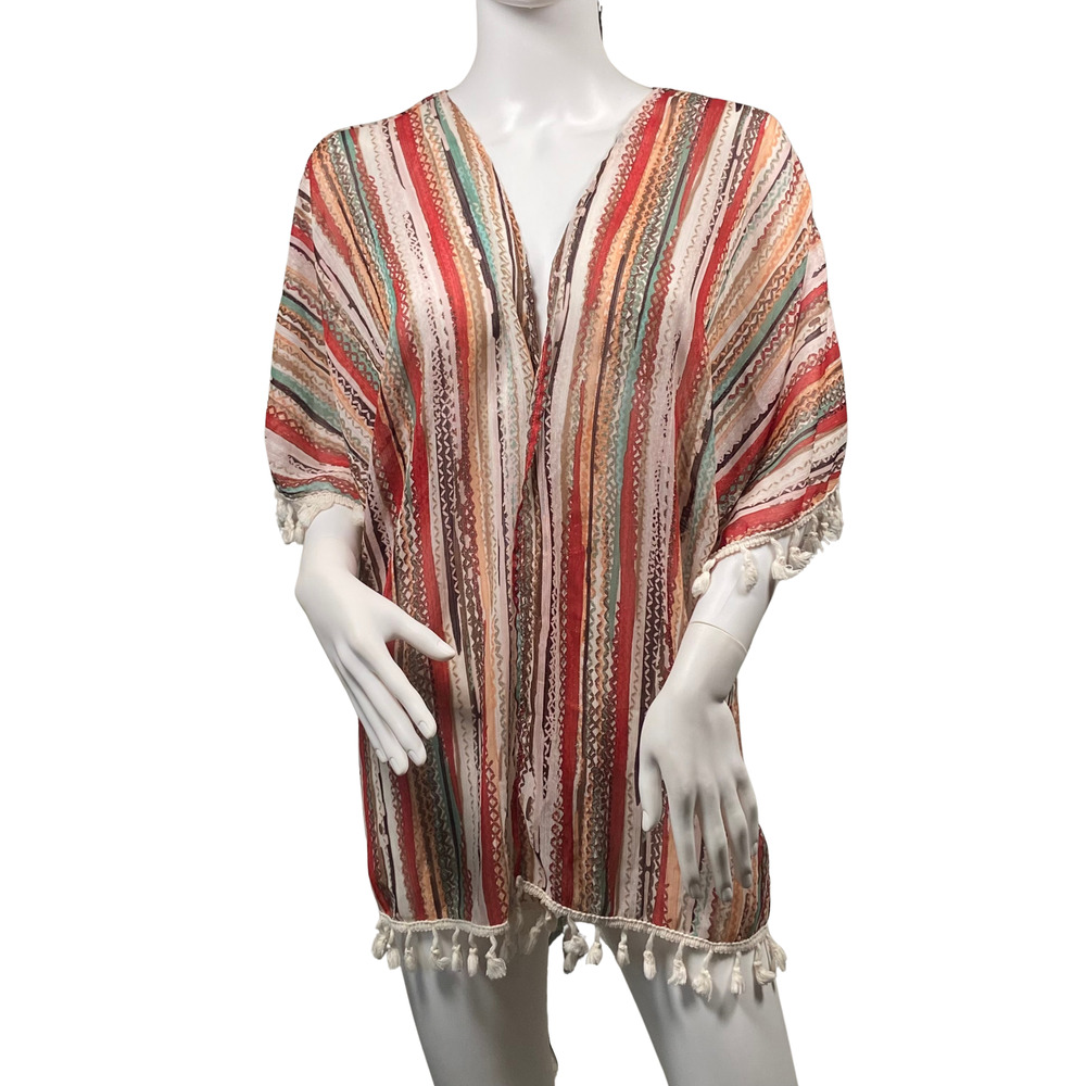 Vanilla Bay Kimono Womens Small Striped Tassel Trim Boho Beach Coverup Cardigan